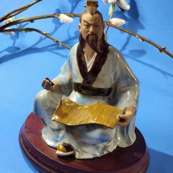 Vtg Chinese Wah Jiang Mudman Statue Scholar with Calligraphy Scroll Shiwan Mud 