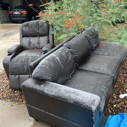 Brown Faux Leather Couch & Recliner