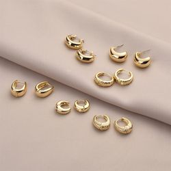 14K Real Solid Gold Earrings Set Hoops Women