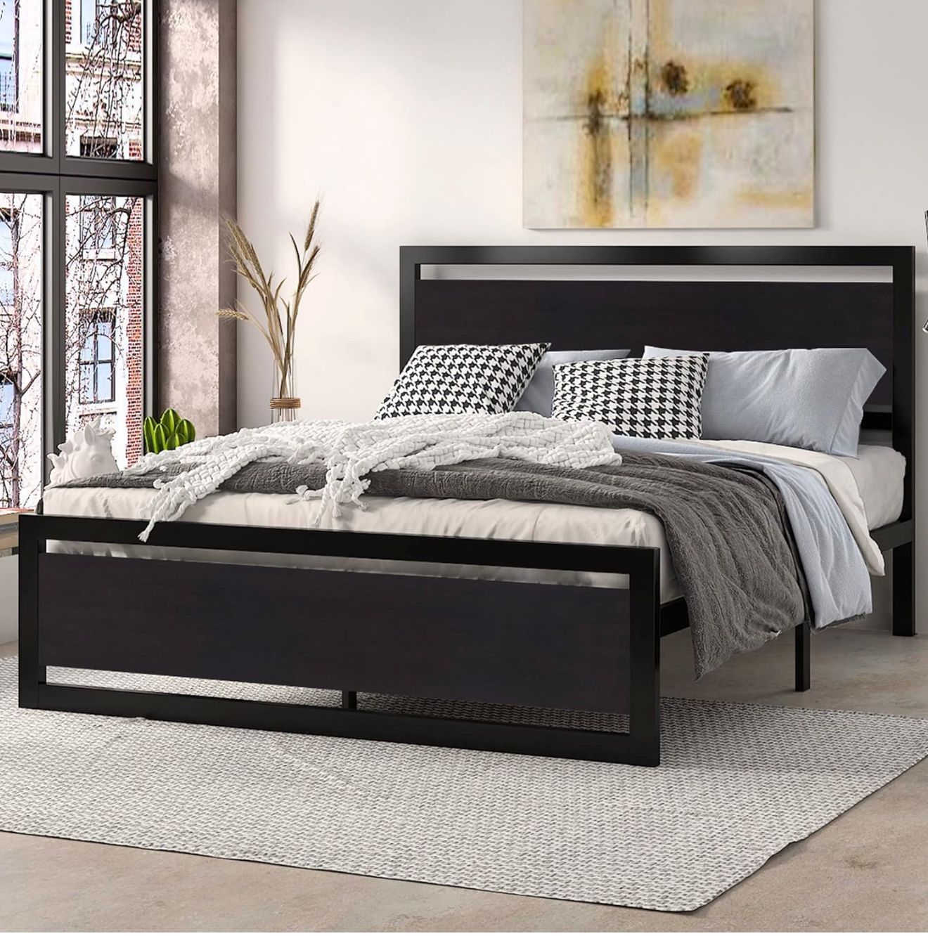 Full Size Bed Frame With Modern Headboard