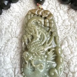 Natural Green Jade Dragon Pendant Grade A Carved Handmade with Beads Cord 