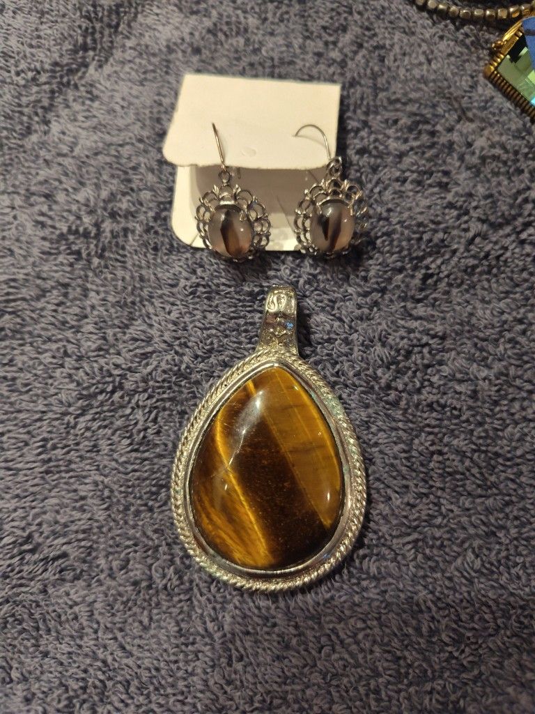 Tigers Eye Pendant And Earrings