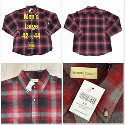 Men's Bass Pro Large Flannel Shirt Plaid Buffalo Red Gray Pocket Long Sleeve NWT