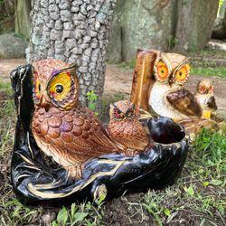 Pair Vintage Chalkware Owl Planter Vases MCM