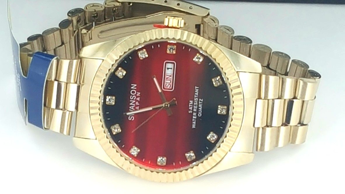 Swanson Japan Men's Watch with Day Date, Red Dial, Water Resistant Gold Tone
