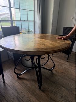Round Dining Table - Sunburst Wood Top with Heavy Cast Iron Base