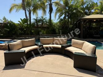 NEW🔥Outdoor Patio Furniture Set 7 Pc Curved Half Moon Brown Wicker Beige Cushions Tables ASSEMBLED