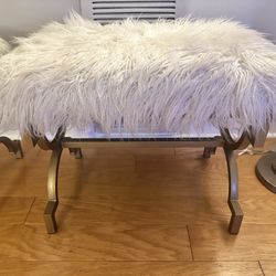 Beautiful Sturdy Faux Fur White Stools With Solid Antique Gold Legs
