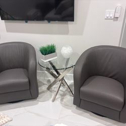 2 Swivel Dark Gray Chairs With Glass Table