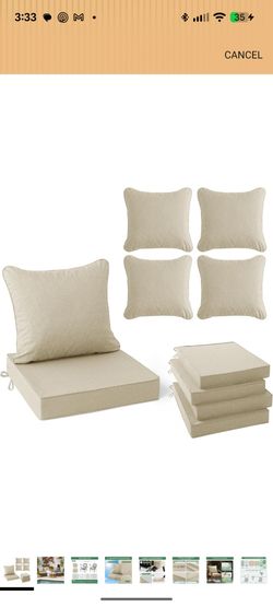 Patio Chair Cushions Set of 4, Faux Linen Outdoor Furniture Cushions, Water Resistant Backrest and Deep Seat Cushion Set with Straps, Removable Cover,