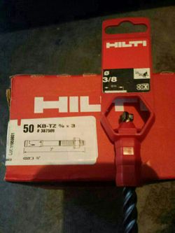 New in box Hilti 3/8 in. x 3 in. Kwik Bolt Tension Zone Carbon Steel Expansion Anchors (50-Piece) with drill bit