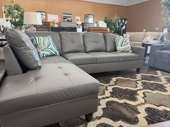NEW Gray Leather Sectional w/ Chaise