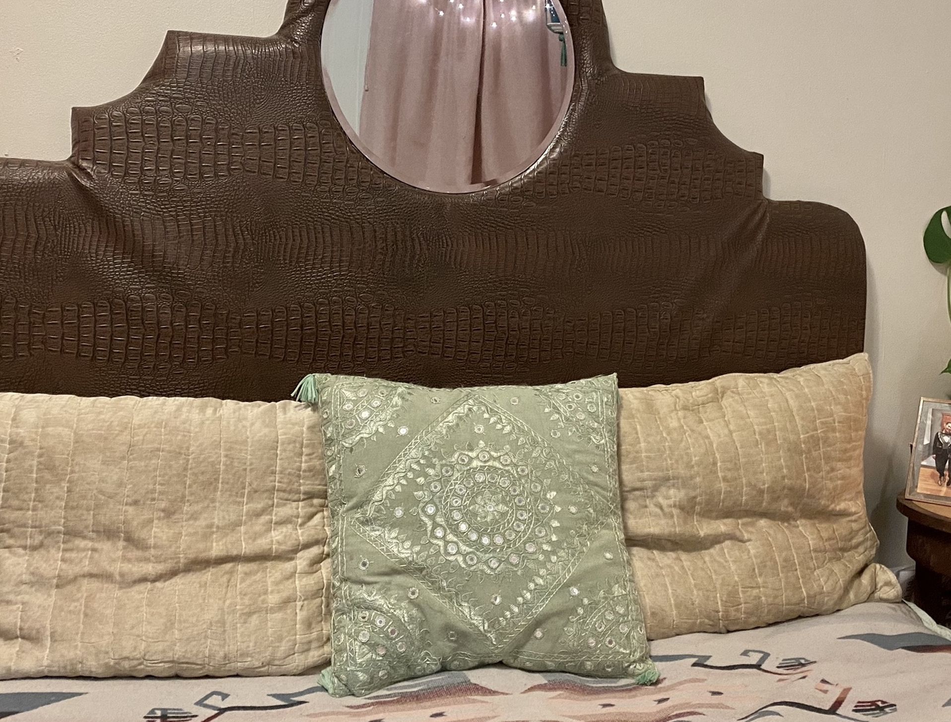 Queen Size Headboard- Alligator Upholstery With Round Mirror