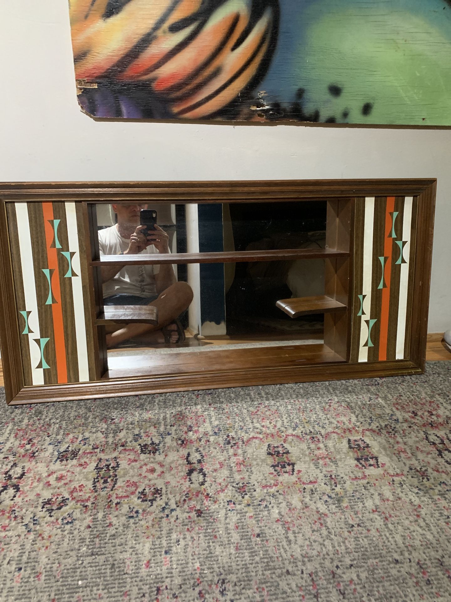 Mid-Century Modern Shadowbox Wall Shelf Mirrored Walnut Atomic Vintage