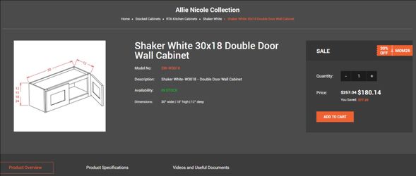 Shaker White 30x18 Double Door Wall Cabinet