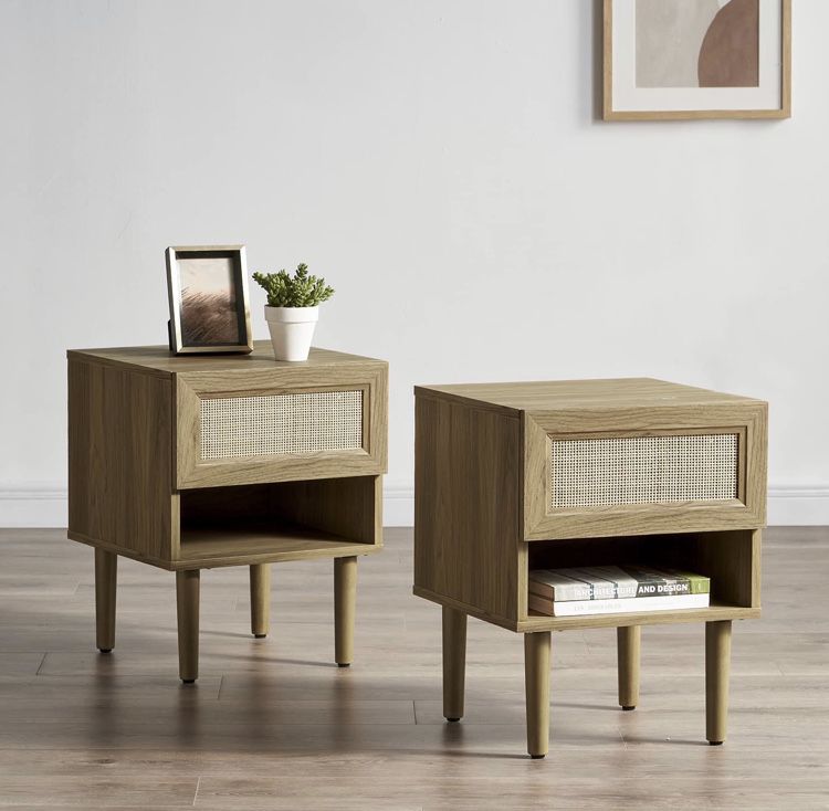 Haylee Rattan Side Table Nightstand, Perfect End Table for Living Room & Bedroom to Compliment Your Bed or Sofa (Double, Natural Oak)2 Of Set