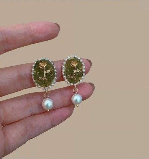 White French Vintage Rose Flower and Pearl Earrings