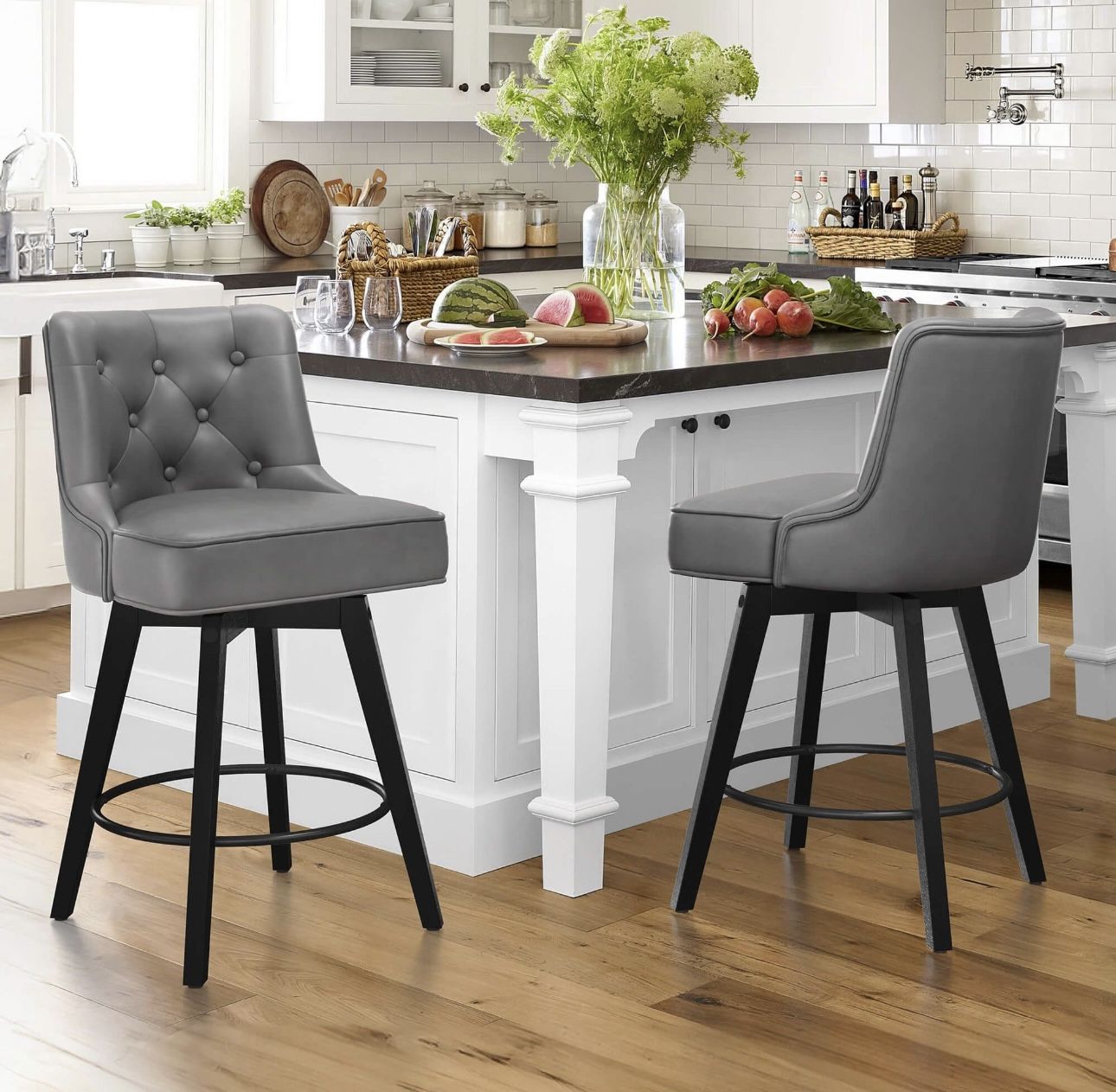 Set Of 2 Roman 26.5 in. Dark Gray Faux Leather Solid Wood Leg Counter Height Swivel Bar Stool With Back