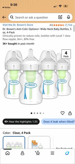 Dr. Brown's Anti-Colic Options+ Wide-Neck Baby Bottles, 5 oz, 4-Pack Clinically proven to reduce colic, bottles with Level 1 slow flow nipple, 0m+, BP