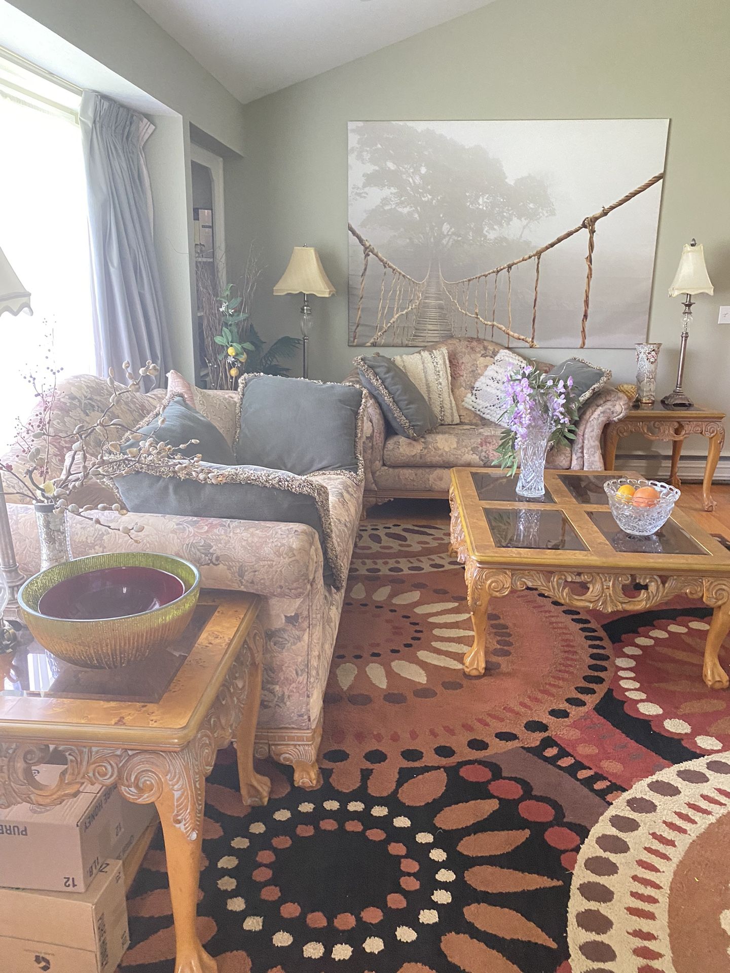 Sofa , Loveseat, 5 Pillows, 3 Tables Plus 2 Free Lamps
