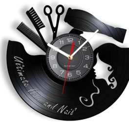 Wall Clock - 12 Inch Hair Beauty Salon Shop Business Wall Clock Hair Dressers Salon Hair Scissors Haircut Barber Vinyl Record Wall Clock

