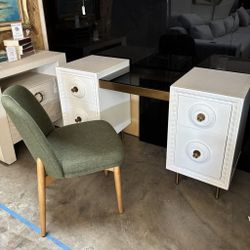 White Lacquer Desk with Brass Inlay- Contemporary TOV Design