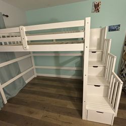 Wood Loft Bed With Stairs & Storage -Full Bed