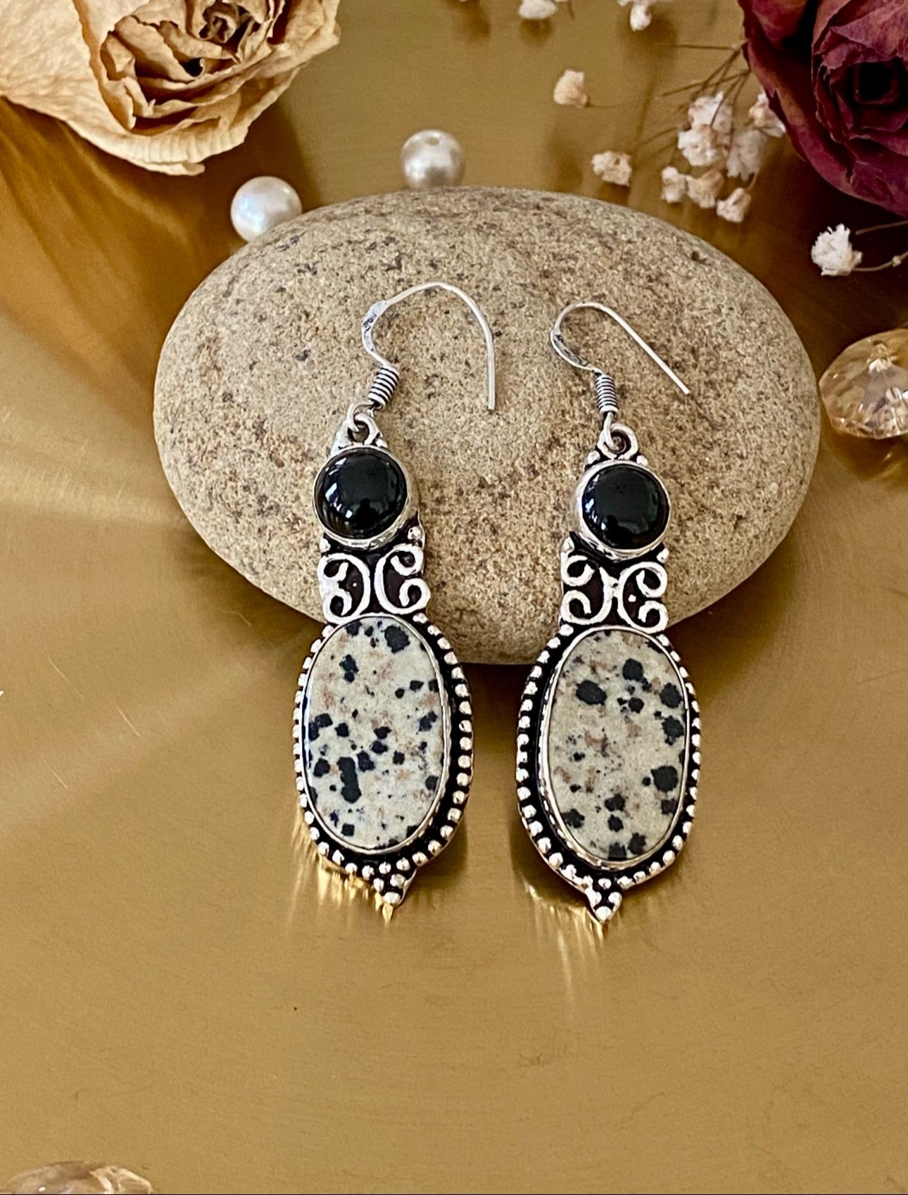 Dalmatian Jasper And Onyx 925 Sterling Silver Overlay Earring