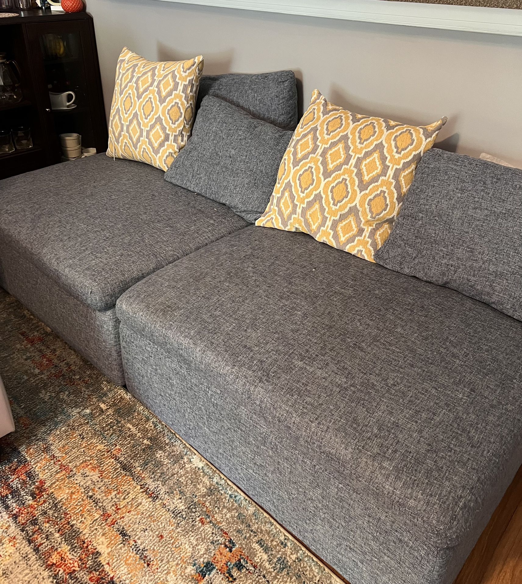 Blue Wide Three Seater Sofa With Chaise/ottoman