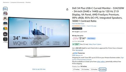 Dell 34” Curved UltraWide Monitor – S3422DW – $280