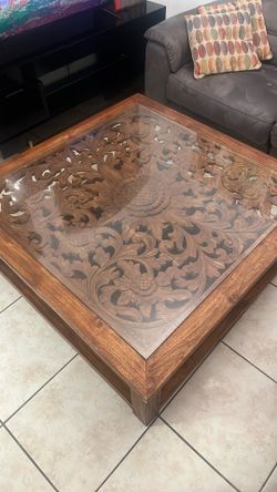 Hand-Carved Wooden Coffee Table with Glass Top