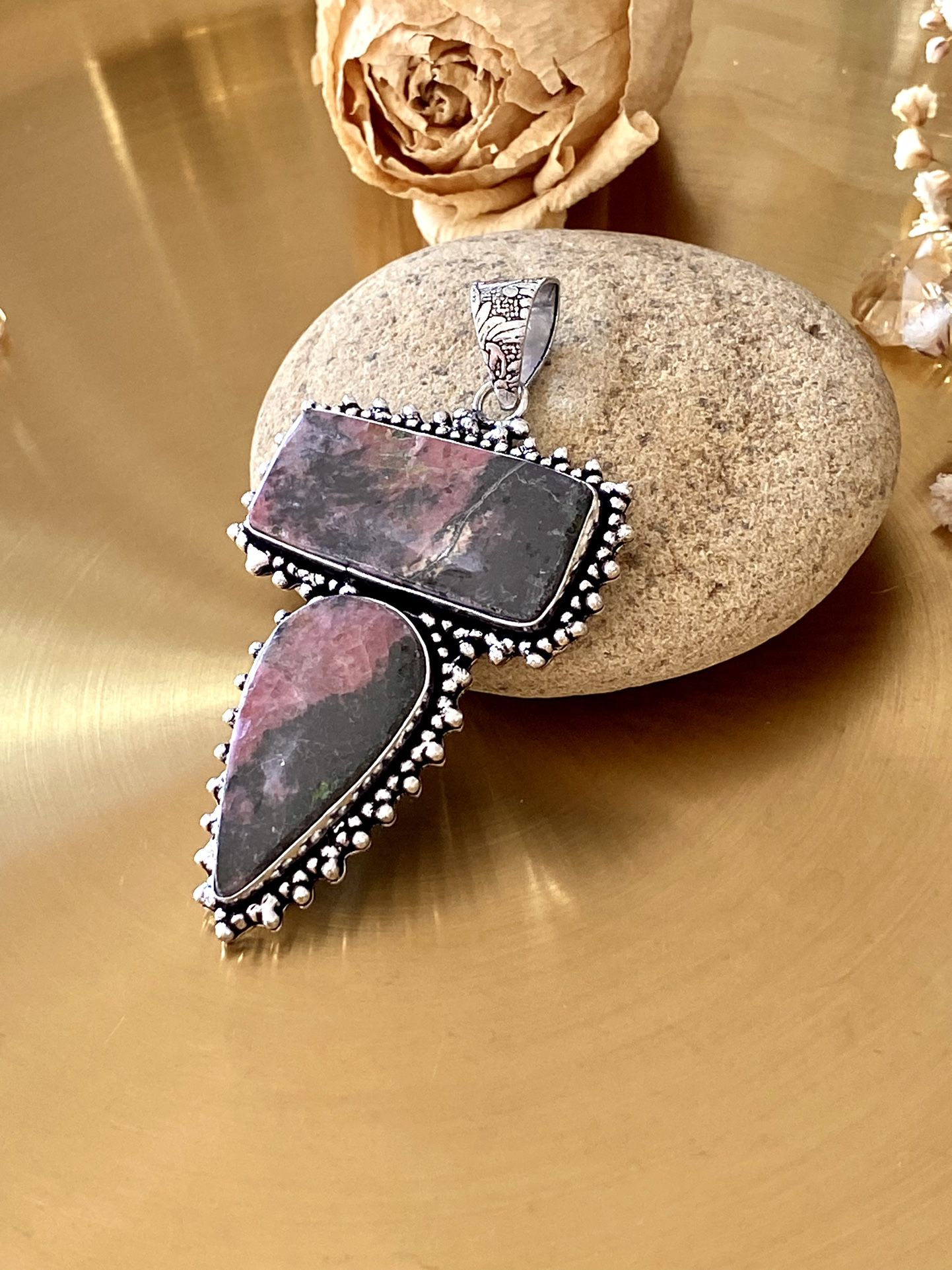 Rhodonite 925 Sterling Silver Overlay Handcrafted Pendant