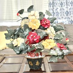 CARVED JADE AGATE BONSAI FLOWERS TREE 28” TALL