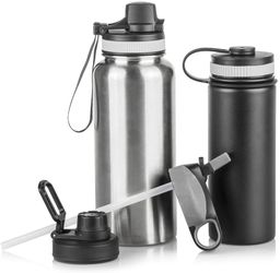 Set of 2 Vacuum Insulated Water Bottles Stainless Steel | Extra Bottle Straws and Lids | Stainless Steel Water Bottle 32 oz 20 oz Set | BPA Free Water