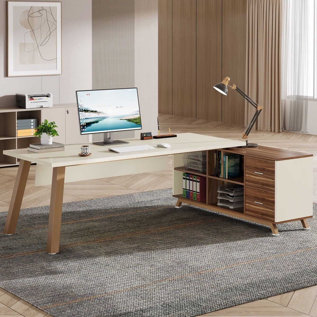 71" Executive Desk, L-Shaped Computer Desk Office Desk with File Cabinet