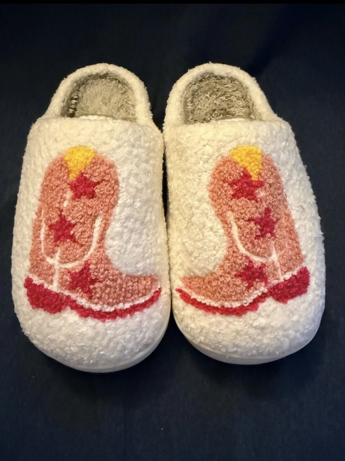 Cozy White Slippers With Cowboy Boot Design
