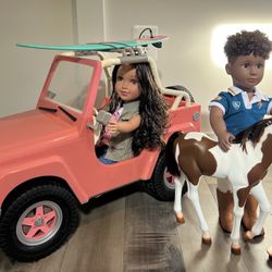 Four 18” Dolls with 50+ Accessories including  Clothes, Jeep, Beds, Pets