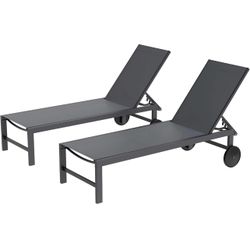 2 PCS Outdoor Chaise Lounges Chair with Wheels Aluminum Reclining Patio Lounge Chairs with 5 Adjustable Position Recliner for Patio, Beach, Yard, Pool