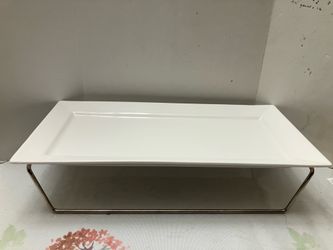 Crate & Barrel Appetizer Serving Tray 14.5 Rectangle Ivory white Porcelain with Metal Stand New