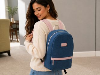 Blue Denim Mini Backpack with Pink Accents