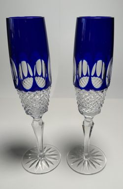 Godinger Edinburgh (2) Cut to Clear Cobalt Blue Crystal Wine/Champagne Glass