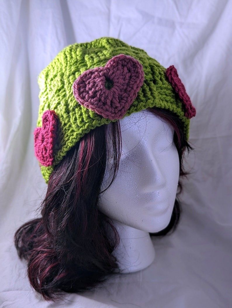 Crochet Green Beanie with Pink Heart Appliques