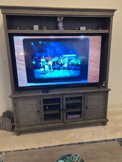 Rustic Gray Wooden TV Stand / Entertainment Center with Hutch (Excellent Condition)
