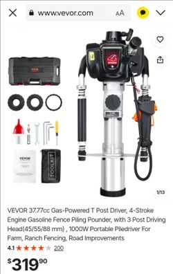 VEVOR 37.77cc Gas-Powered T Post Driver, 4-Stroke Engine Gasoline Fence Piling Pounder, with 3 Post Driving Head(45/55/88 mm) , 1000W Portable Piledri
