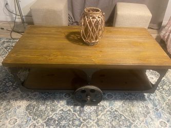 Rustic Cart Coffee Table w/ Metal Wheels & Bottom Shelf