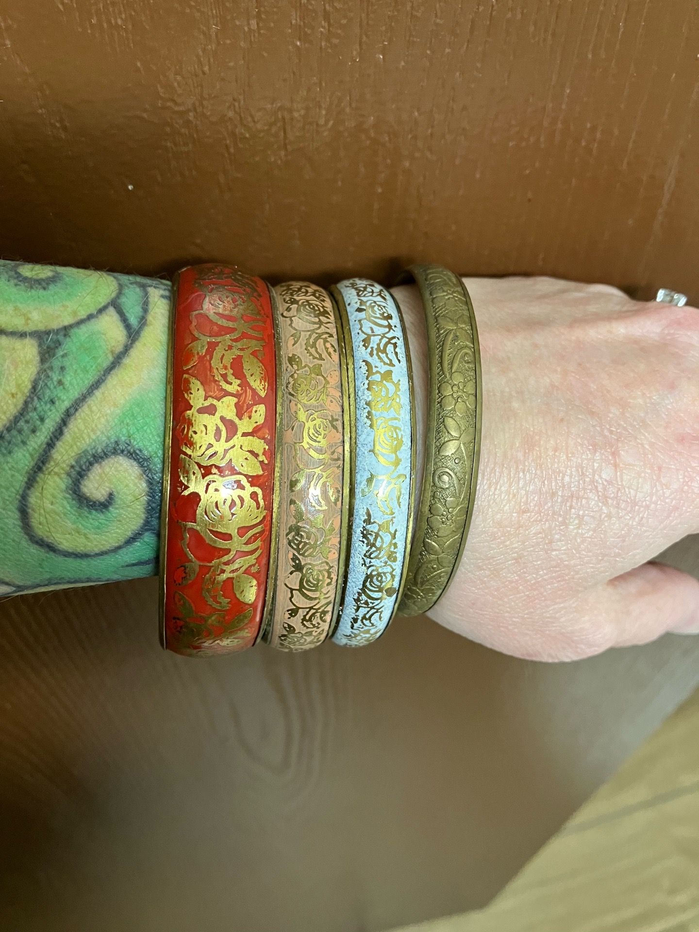 Rare Vintage 70’s Kashmiri Bangle Set - 4pc Red, Pale Coral, White and Brass Stack