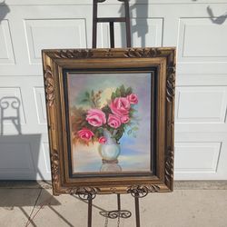 Vintage framed flowers in vase sill life unsigned oil on canvas painting