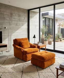 Mid Century 2-Piece Rust Orange Lounge Chair & Ottoman – Made in USA