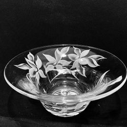 Vintage Franz Grosz Signed Art Glass Large Bowl Centerpiece Etched Flowers 11.5”-5”. 