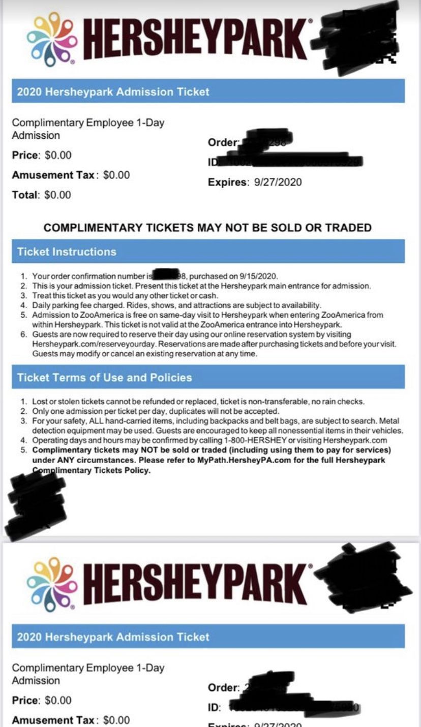 3 HersheyPark tickets